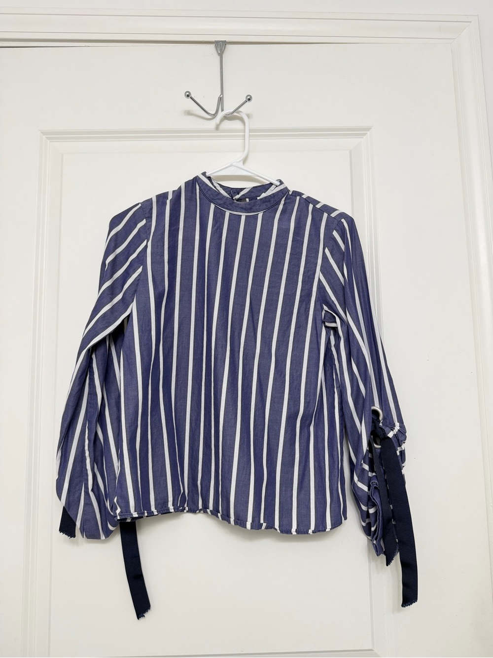 Striped Navy Blue Mock Neck Long Sleeve Top